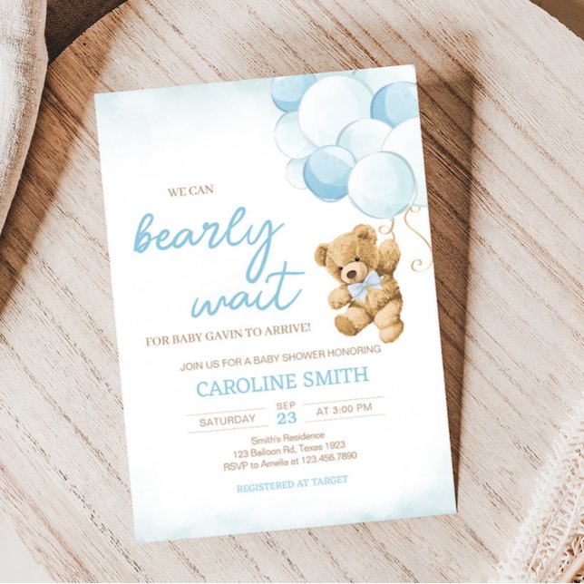 Convite Chá de fraldas de Balões de Urso Azul (We Can Bearly Wait Blue Balloons Baby Shower Invitation)