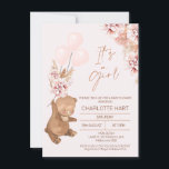 Convite Chá de fraldas de Balões de Urso Dourado Boho Pamp<br><div class="desc">Chá de fraldas dos Balões do Urso Dourado Boho Pampas Concurso templado para chá de fraldas para uma menina com dois arranjos florais boêmicos com grama pampas, urso pardo e balões cor-de-rosa. O design também apresenta um cabeçalho amovível de rosa dourado da caligrafia moderna amovível. Este convite para chás de...</div>