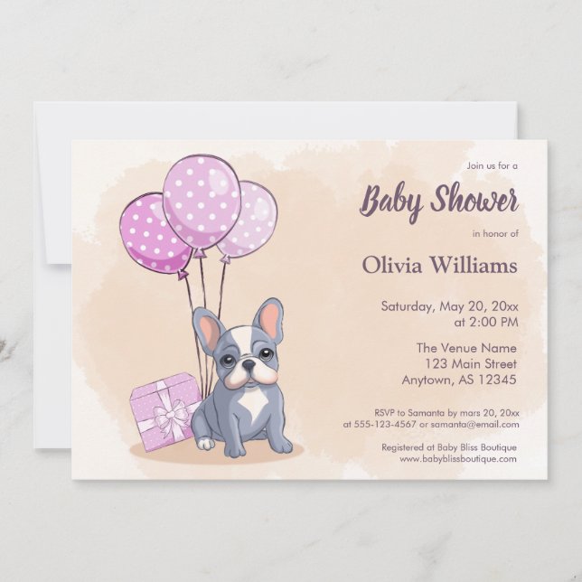 Convite Chá de fraldas de Balões Rosa-Rosa-Pup, Bulldog Fr (Frente)