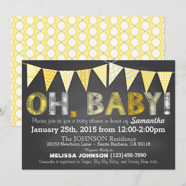 Convite Chá de fraldas de Banner de Bunting Amarelo do Qua (Frente/Verso)