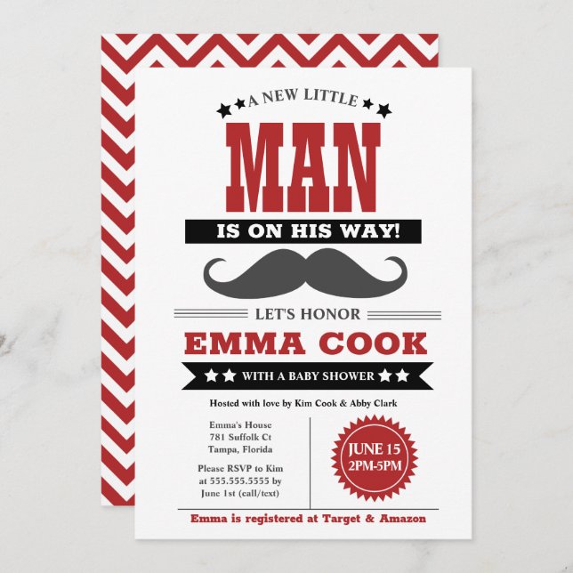 Convite Chá de fraldas de Bassino do Pequeno Homem Mustach (Frente/Verso)