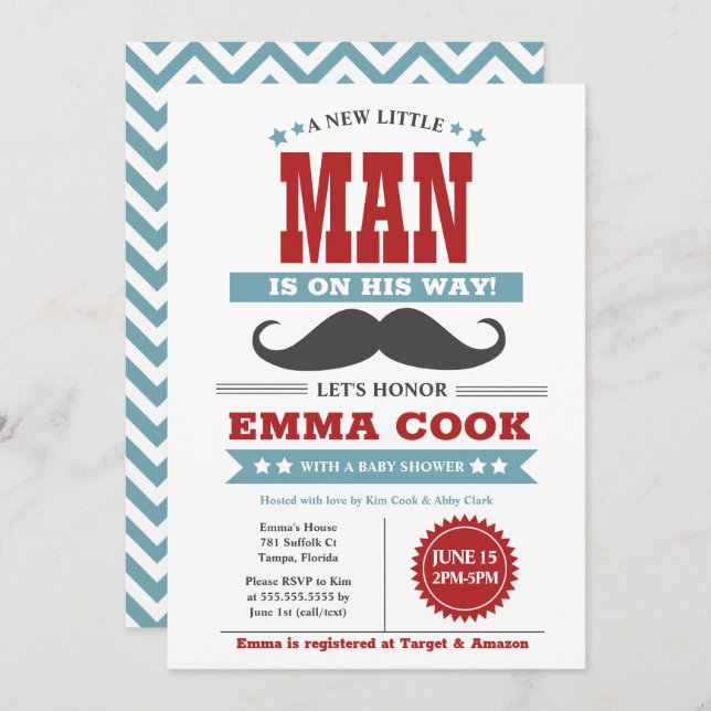 Convite Chá de fraldas de Bassino do Pequeno Homem Mustach (Frente/Verso)