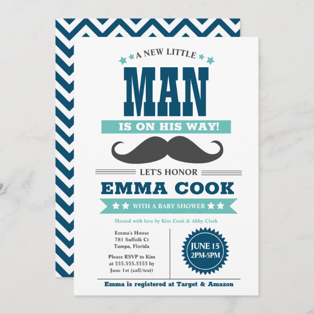 Convite Chá de fraldas de Bassino do Pequeno Homem Mustach (Frente/Verso)