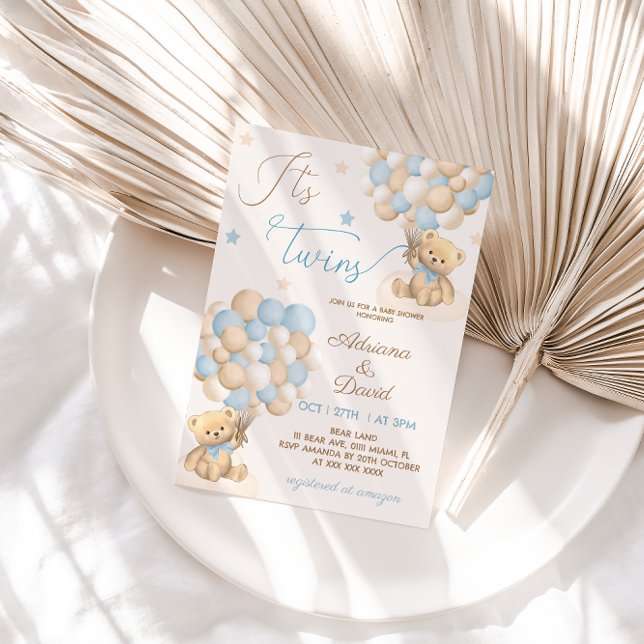 Convite Chá de fraldas de Bear Azul Balões Gêmeos (Criador carregado)