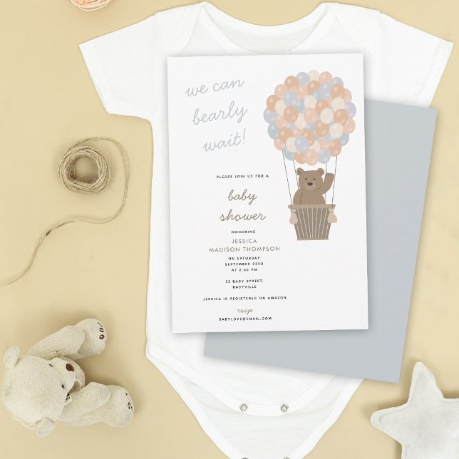 Convite Chá de fraldas de Bear Bonito Balões de Ar Quente (Cute Bear Hot Air Balloons Baby Boy Baby Shower Invitation)