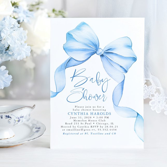 Convite Chá de fraldas de Bebê Arco Suave (Blue Bow Ribbon Boy Baby Shower Invitations)