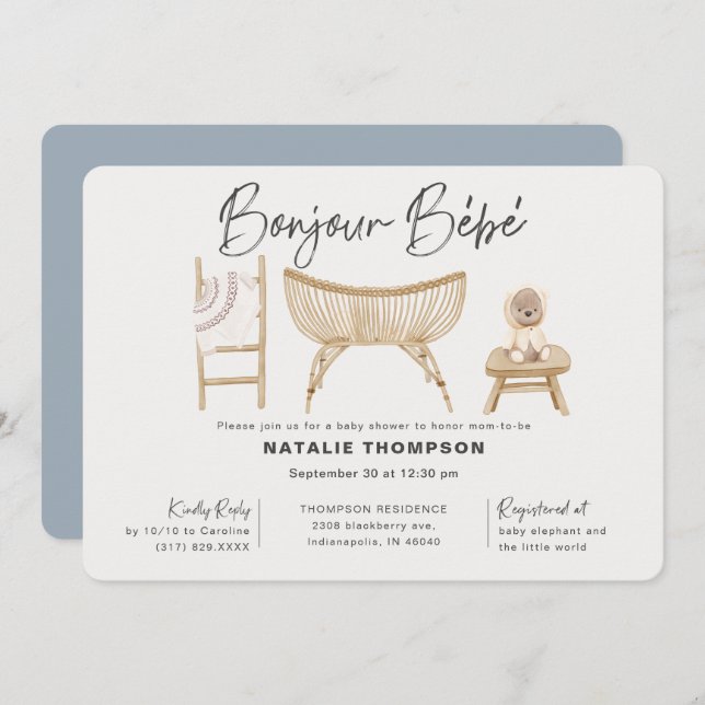 Convite Chá de fraldas de Bebe Blue Boy Bonjour (Frente/Verso)