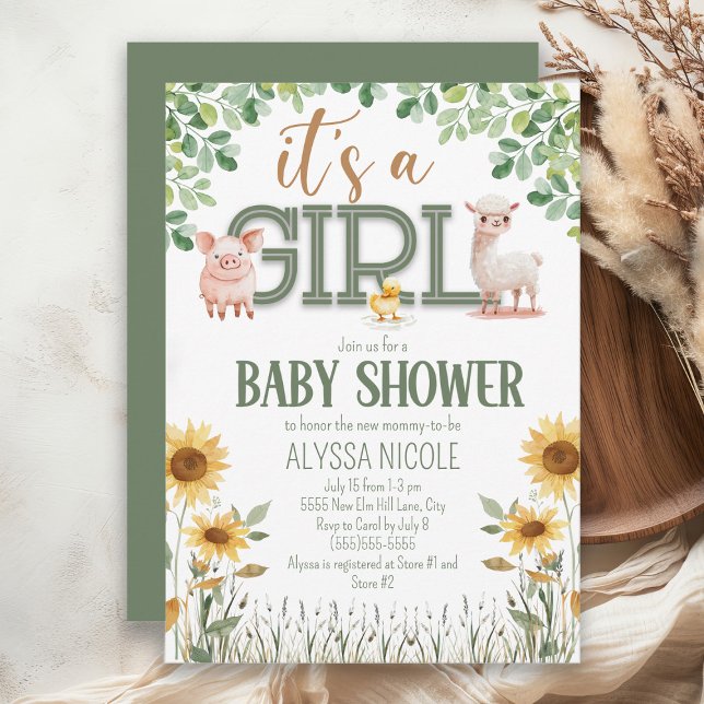 Convite Chá de fraldas de Bebê de Animais de Barnyard (Baby girl farm animal baby shower invitation)