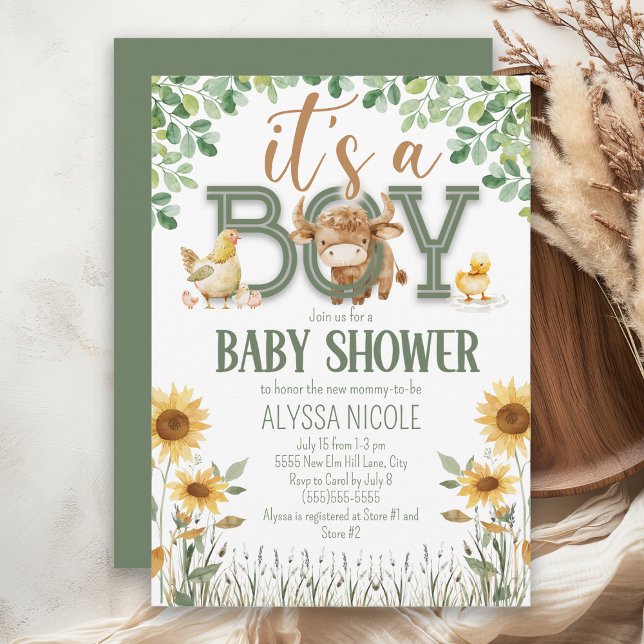 Convite Chá de fraldas de Bebê de Animais do Barnyard (Cute baby boy farm animal baby shower invitation)