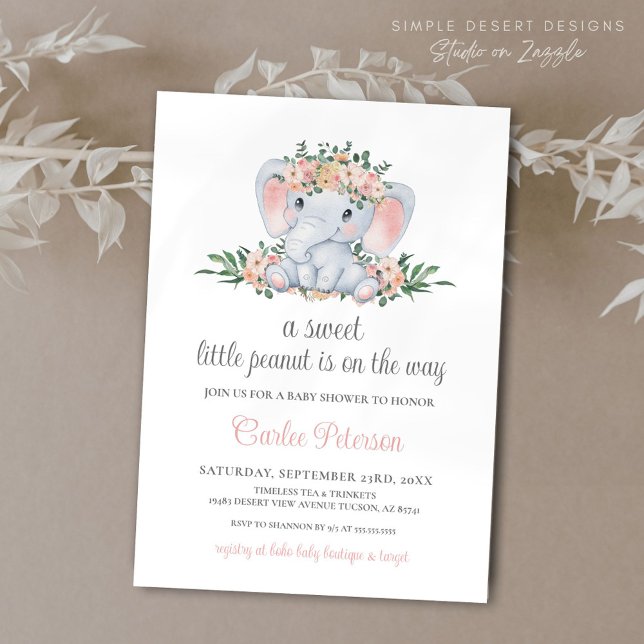 Convite Chá de fraldas de Bebê Elefante-Elefante-Cor-de-Ro (Pink Floral Boho Elephant Baby Shower Invitation with Calligraphy Script on White Background)
