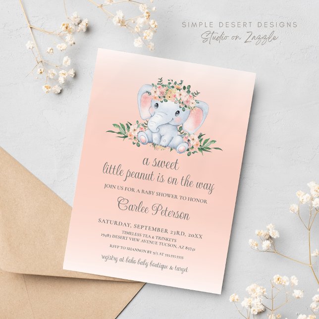 Convite Chá de fraldas de Bebê Elefante Floral (Blush Pink Floral Cute Elephant Baby Shower Invitation)