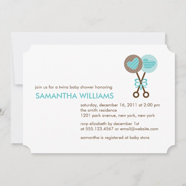 Convite Chá de fraldas de Bebês Rattles Twin Boys (Frente)