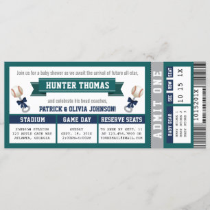 Convite Chá de fraldas de Bilhete de Basebol, Azul, Verde