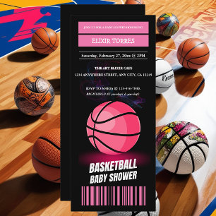 Convite Chá de fraldas de Bilhete de Basquete Rosa Moderno
