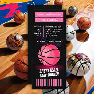 Convite Chá de fraldas de Bilhete de Basquete Rosa Moderno