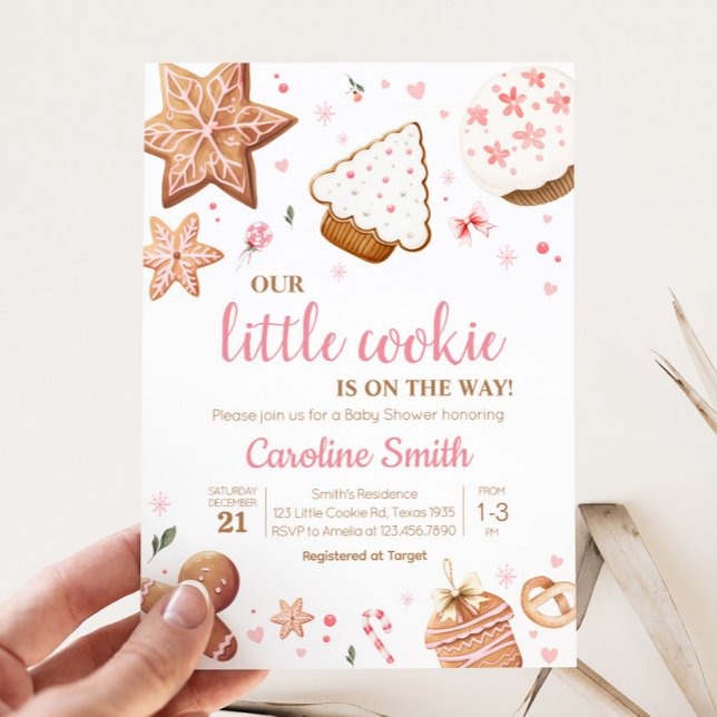 Convite Chá de fraldas de Biscoito Rosa de Natal (Christmas Little Cookie Gingerbread Baby Shower Invitation
)