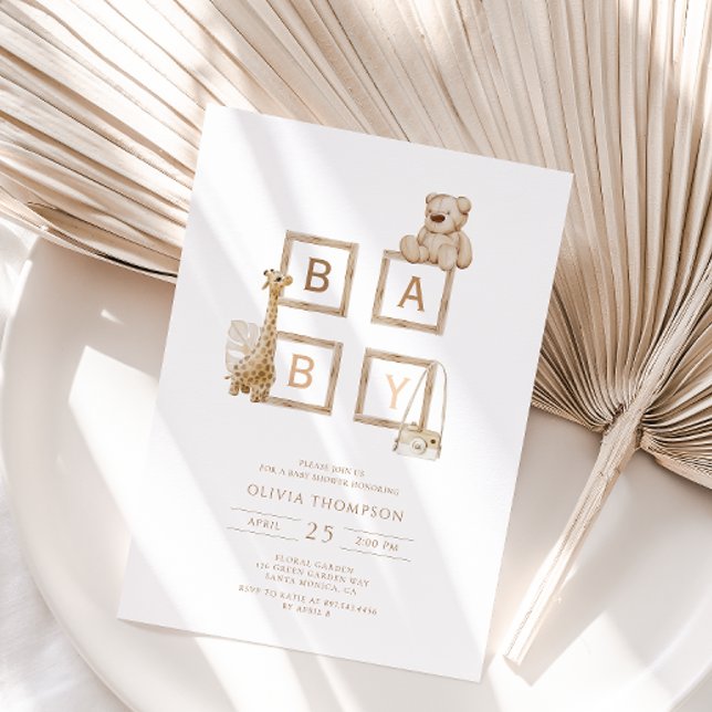 Convite Chá de fraldas de Blocos Neutros de Madeira Boho (Criador carregado)