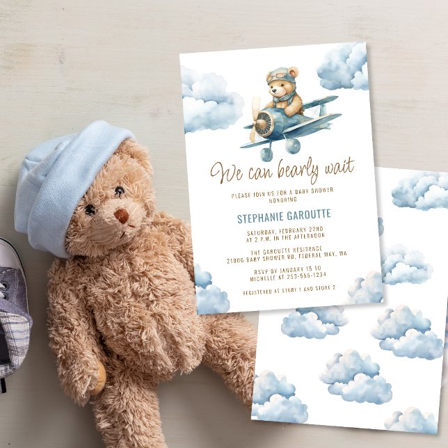 Convite Chá de fraldas de Blue Boy do Avião de Urso Justo (Cute Bear Airplane Blue Boy Baby Shower Invitation
)