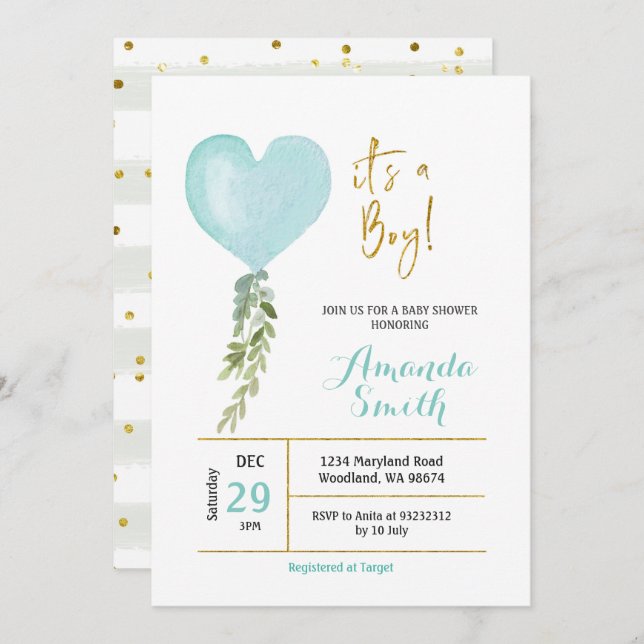 Convite Chá de fraldas de Blue Miny Balloon (Frente/Verso)