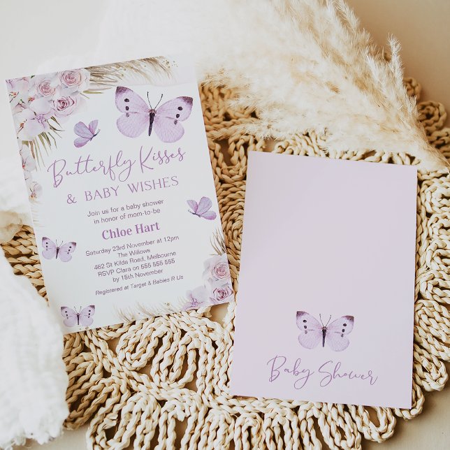 Convite Chá de fraldas de Boca Floral Roxo (Purple Butterflies Baby Shower Invite Girl, Boho Floral Butterfly Kisses Invitations Online Editable)