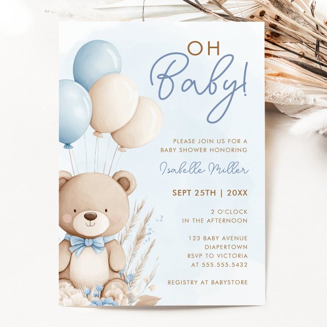 Convite Chá de fraldas de Boho de Urso Azul (Blue Boy Teddy Bear Boho Baby Shower Invitation)