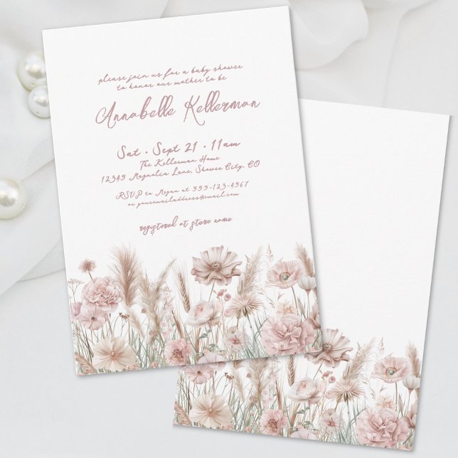 Convite Chá de fraldas de Boho Floral Rosa Blush (Blush Pink Pampas Floral Boho Baby Shower Invitation)