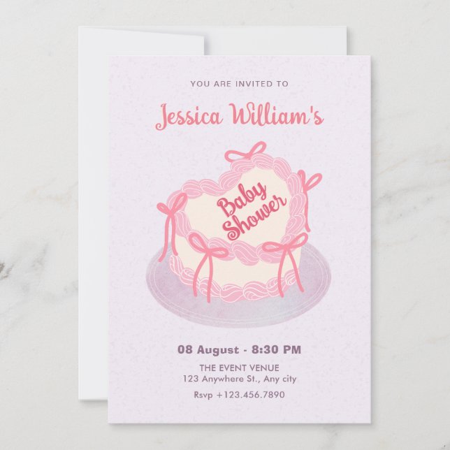 Convite Chá de fraldas de bolo de coração roxo rosa (Frente)
