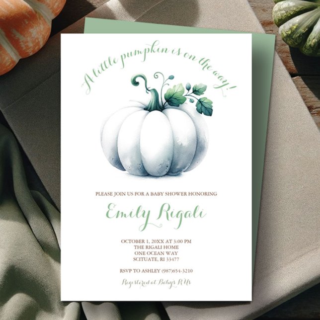 Convite Chá de fraldas de Bomba Branca Convidar Neutro rel (fall gender neutral baby shower invitations features watercolor white pumpkin and sage green.)