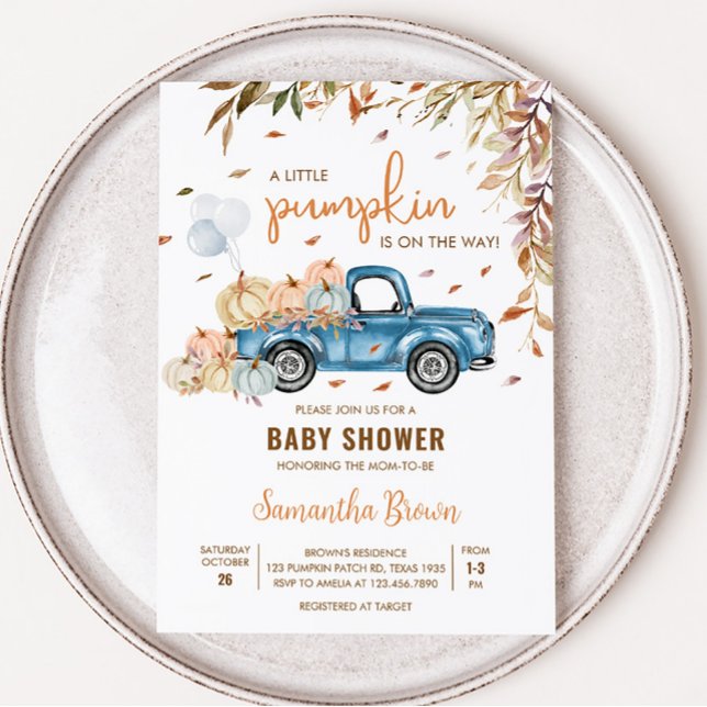 Convite Chá de fraldas de Bombeiros Azuis (Boy Little Pumpkin Truck Baby Shower Invitation)