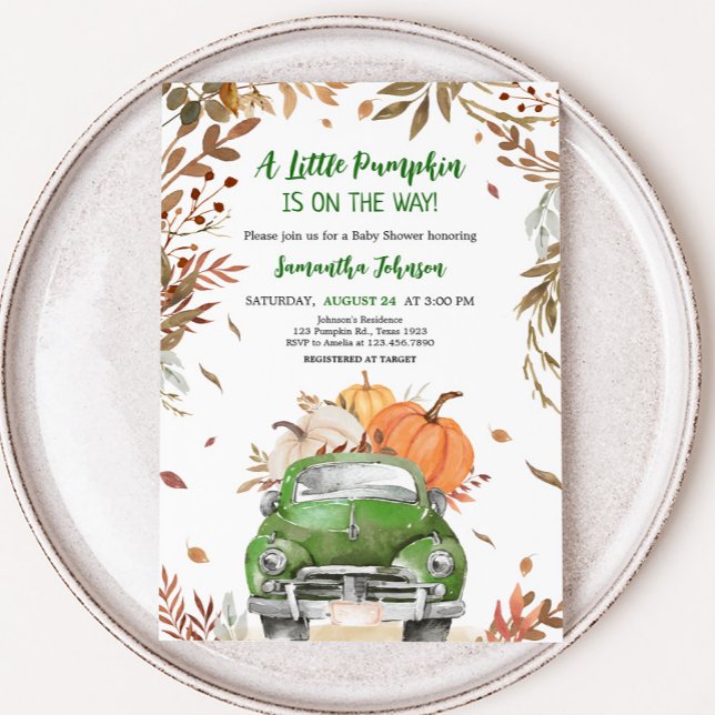 Convite Chá de fraldas de Bombeiros de Queda Verde (Truck Pumpkin Baby Shower Invitation
)