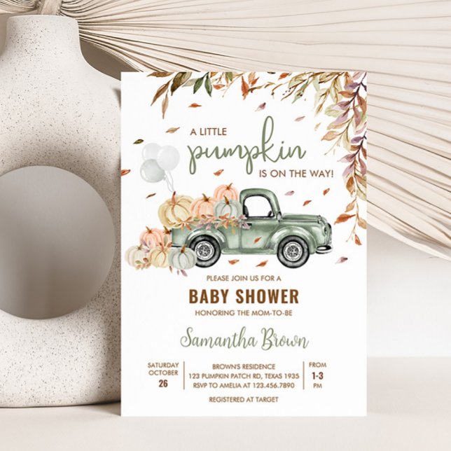 Convite Chá de fraldas de Bombeiros Verdes (Little Pumpkin Green Truck Baby Shower Invitation)