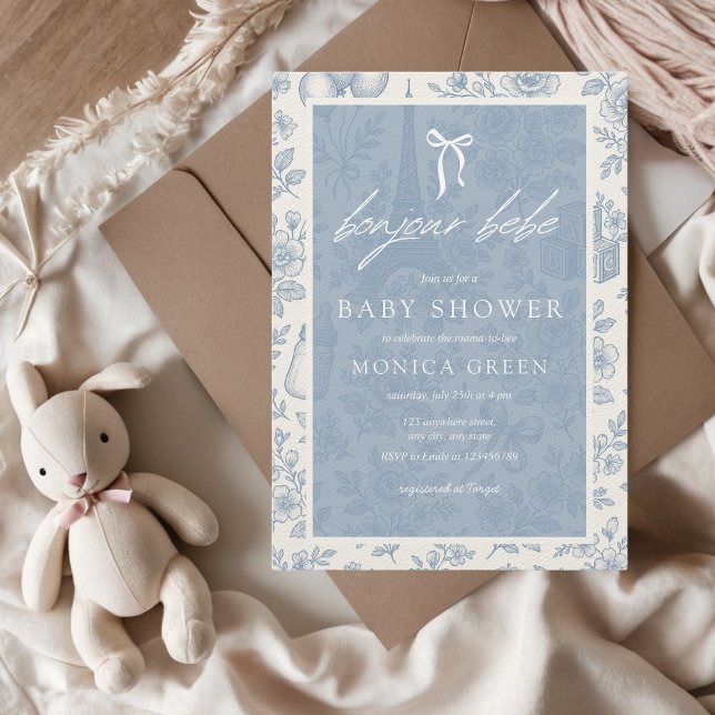 Convite Chá de fraldas de Bonjour Bebe Blue Toile French B (Bonjour Bebe Blue Toile French Paris Dusty Blue Boy Baby Shower Invitation Vintage Aesthetic)