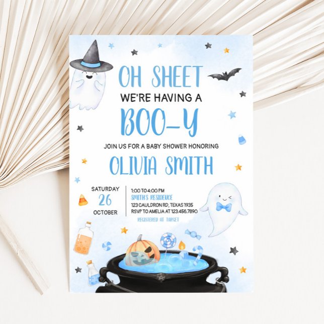 Convite Chá de fraldas de Boo-y Halloween (Blue Oh Sheet Baby Shower Invitation)
