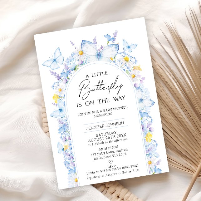 Convite Chá de fraldas de Borboleta Azul Moderno (Modern Blue Wildflowers Little Butterfly Baby Shower Invitation, Summer Butterfly Themed Baby Shower)