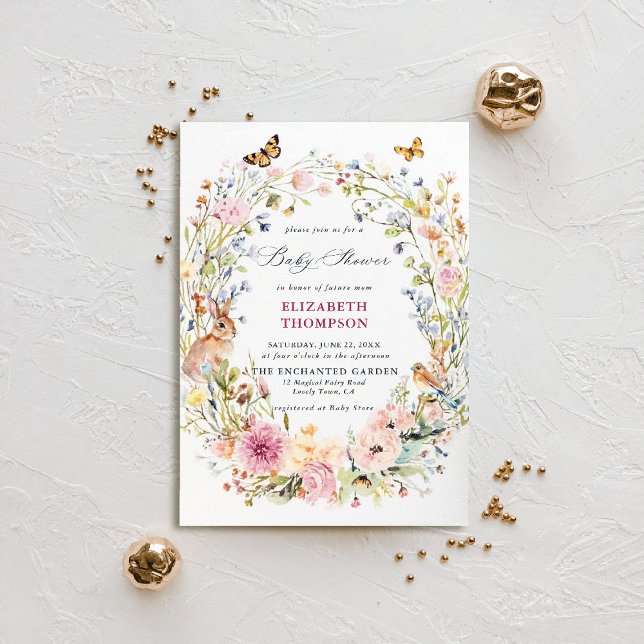 Convite Chá de fraldas de borboleta de coelho de jardim en (enchanted garden baby shower invitation bunny rabbit bird butterflies watercolor woodland forest)