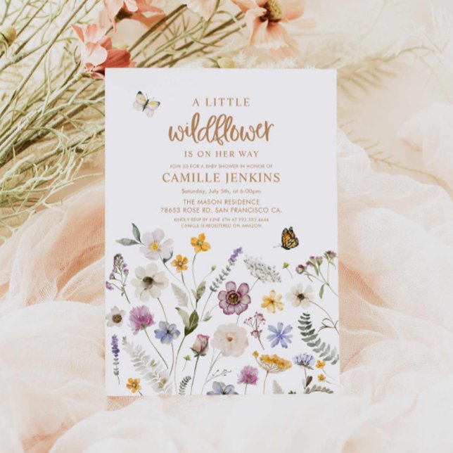 Convite Chá de fraldas de Borboleta de Flor Selvagem ( A little Wildflower and Butterfly Girl baby shower invitation)