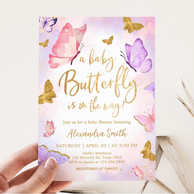 Convite Chá de fraldas de borboleta Dourada rosa (Boho Butterfly Baby Shower Invitation)