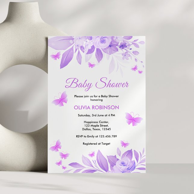 Convite Chá de fraldas de borboleta Floral (Purple Floral Baby Girl Butterfly Baby Shower Invitation )