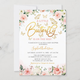 Convite Chá de fraldas de Borboleta Floral Dourada Rosa co