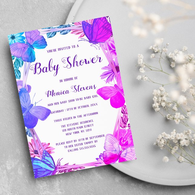 Convite Chá de fraldas de Borboleta Floral Púrpura, cor-de (Teal Pink Purple Floral Butterfly Baby Shower Invitation)