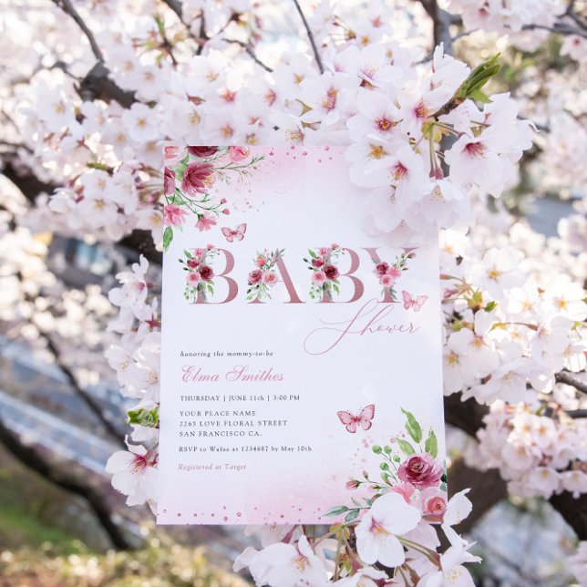 Convite Chá de fraldas de Borboleta Floral Rosa Moderno (Criador carregado)