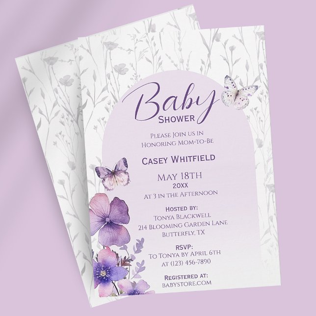 Convite Chá de fraldas de borboleta Moderna Boho Girl (Pastel Purple Butterfly Girl Baby Shower Invitation
)