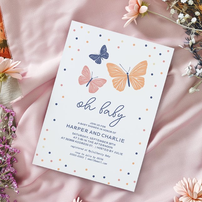 Convite Chá de fraldas de borboleta neutra de gênero moder (Simple and modern baby shower invitation featuring butterflies and elegant typography.)