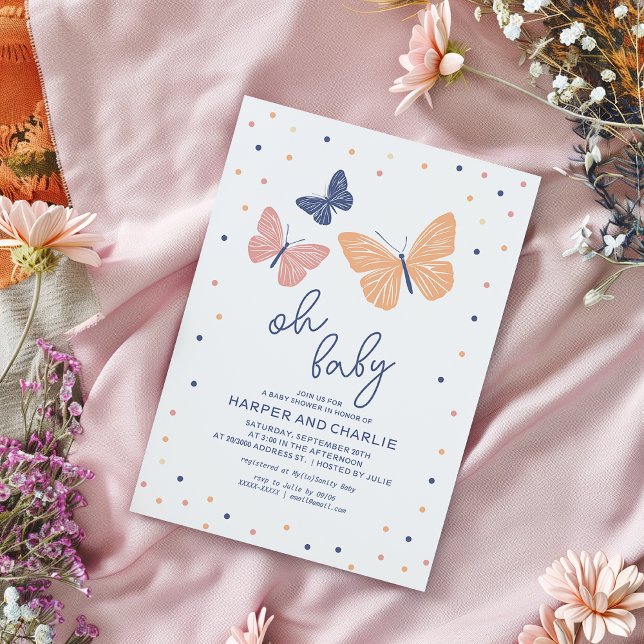 Convite Chá de fraldas de borboleta neutra de gênero moder (Simple and modern baby shower invitation featuring butterflies and elegant typography.)
