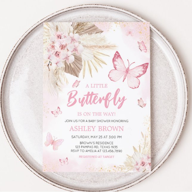 Convite Chá de fraldas de borboleta rosa (Girl Butterfly Pampas Grass Baby Shower Invitation)