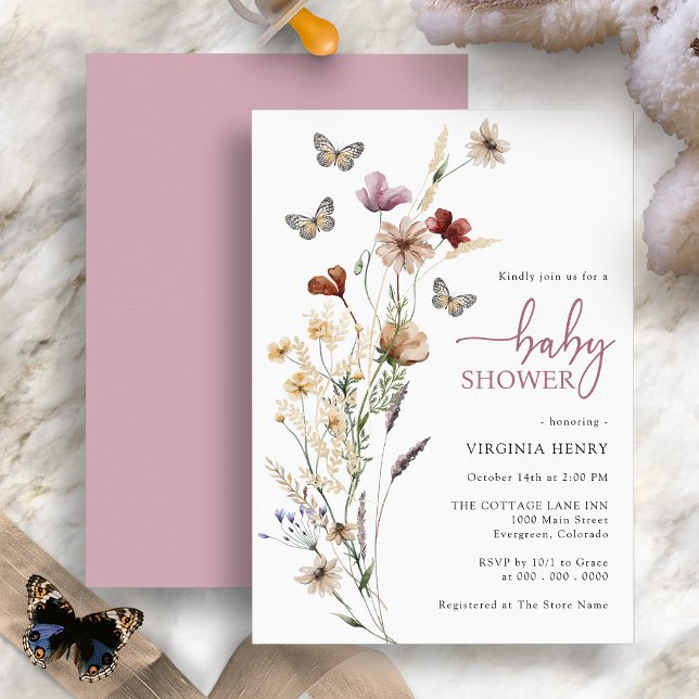 Convite Chá de fraldas de borboleta rosa (Pink Boho Wildflower Butterfly Baby Shower Invitation by Painted Paperie
)