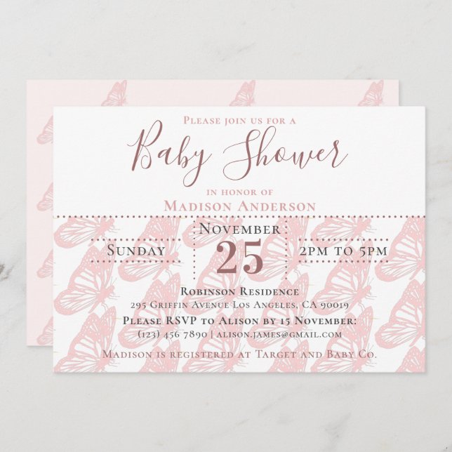 Convite Chá de fraldas de borboleta rosa de Pastel Elegant (Frente/Verso)