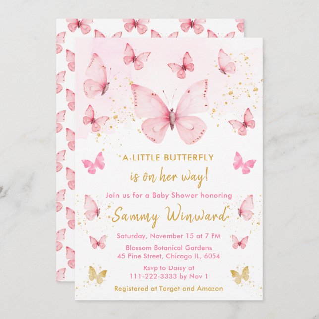 Convite Chá de fraldas de borboleta rosa e Dourada (Frente/Verso)