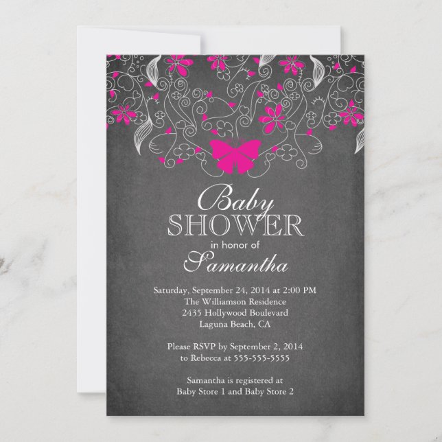 Convite Chá de fraldas de borboleta rosa quente (Frente)