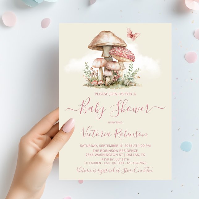 Convite Chá de fraldas de Borboleta Rosa-Rosa (Girl mushroom baby shower invitation with butterfly. You can change the background color.)